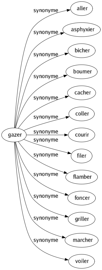 Synonyme de Gazer : Aller Asphyxier Bicher Boumer Cacher Coller Courir Filer Flamber Foncer Griller Marcher Voiler 