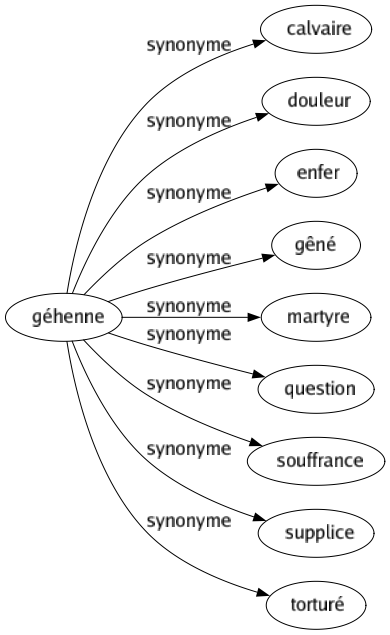 Synonyme de Géhenne : Calvaire Douleur Enfer Gêné Martyre Question Souffrance Supplice Torturé 