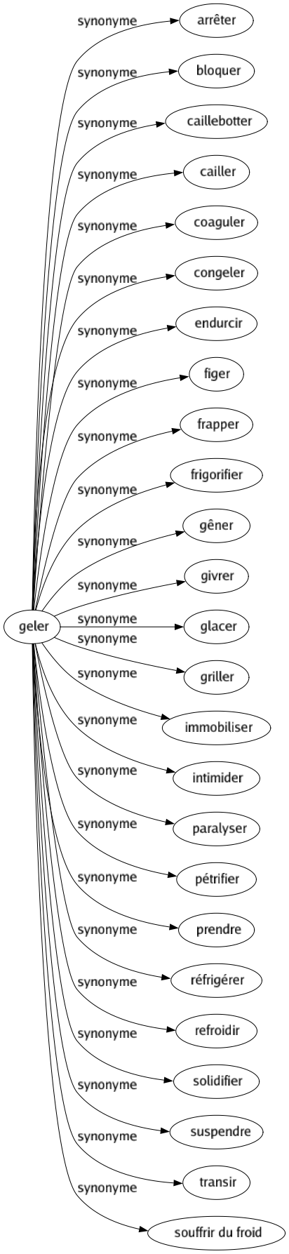 Synonyme de Geler : Arrêter Bloquer Caillebotter Cailler Coaguler Congeler Endurcir Figer Frapper Frigorifier Gêner Givrer Glacer Griller Immobiliser Intimider Paralyser Pétrifier Prendre Réfrigérer Refroidir Solidifier Suspendre Transir Souffrir du froid 