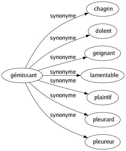 Synonyme de Gémissant : Chagrin Dolent Geignant Lamentable Plaintif Pleurard Pleureur 