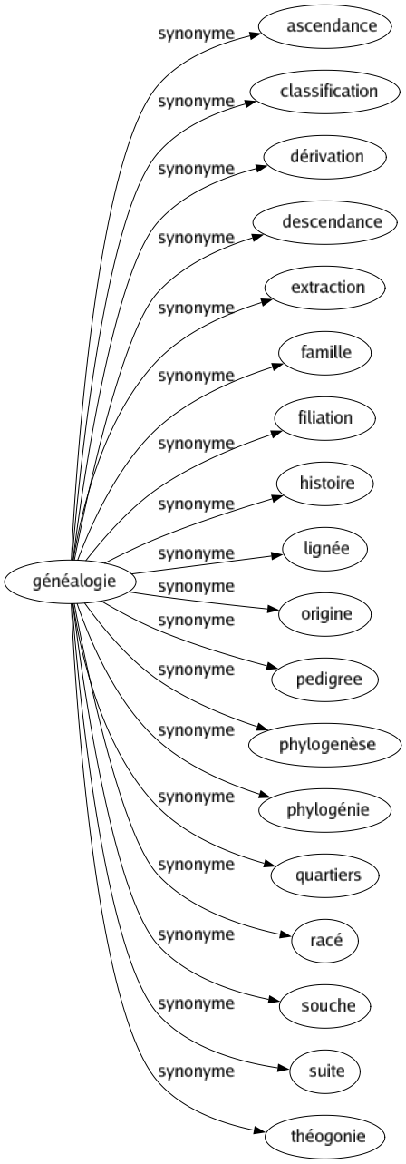 Synonyme de Généalogie : Ascendance Classification Dérivation Descendance Extraction Famille Filiation Histoire Lignée Origine Pedigree Phylogenèse Phylogénie Quartiers Racé Souche Suite Théogonie 