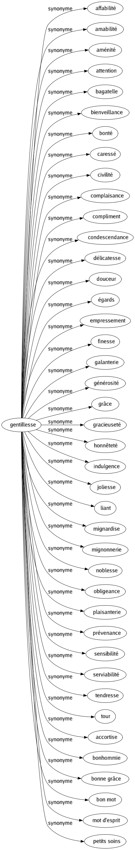 Synonyme de Gentillesse : Affabilité Amabilité Aménité Attention Bagatelle Bienveillance Bonté Caressé Civilité Complaisance Compliment Condescendance Délicatesse Douceur Égards Empressement Finesse Galanterie Générosité Grâce Gracieuseté Honnêteté Indulgence Joliesse Liant Mignardise Mignonnerie Noblesse Obligeance Plaisanterie Prévenance Sensibilité Serviabilité Tendresse Tour Accortise Bonhommie Bonne grâce Bon mot Mot d'esprit Petits soins 