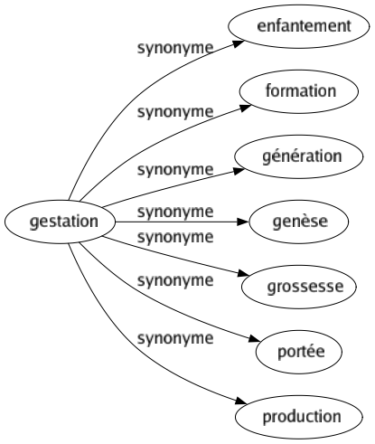 Synonyme de Gestation : Enfantement Formation Génération Genèse Grossesse Portée Production 