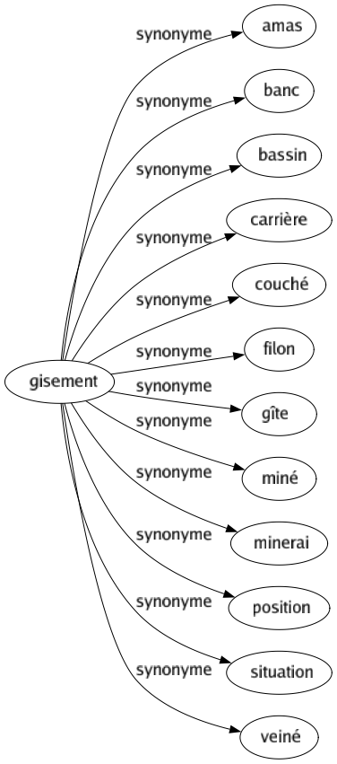 Synonyme de Gisement : Amas Banc Bassin Carrière Couché Filon Gîte Miné Minerai Position Situation Veiné 
