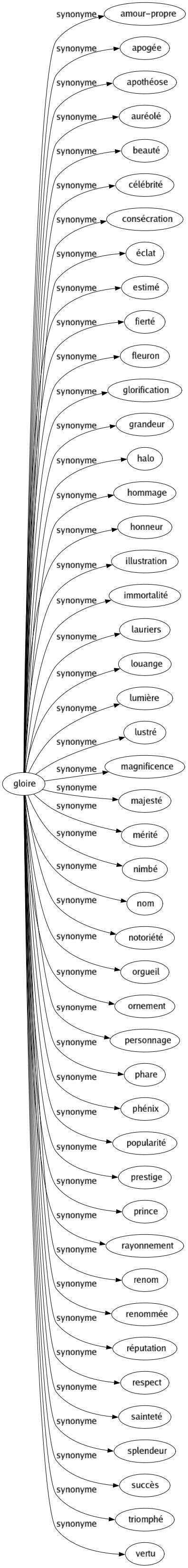 Synonyme de Gloire : Amour-propre Apogée Apothéose Auréolé Beauté Célébrité Consécration Éclat Estimé Fierté Fleuron Glorification Grandeur Halo Hommage Honneur Illustration Immortalité Lauriers Louange Lumière Lustré Magnificence Majesté Mérité Nimbé Nom Notoriété Orgueil Ornement Personnage Phare Phénix Popularité Prestige Prince Rayonnement Renom Renommée Réputation Respect Sainteté Splendeur Succès Triomphé Vertu 