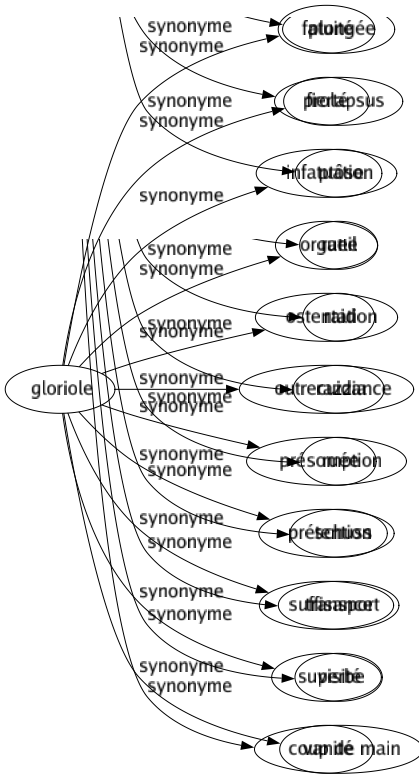 Synonyme de Gloriole : Fatuité Fierté Infatuation Orgueil Ostentation Outrecuidance Présomption Prétention Suffisance Superbe Vanité 