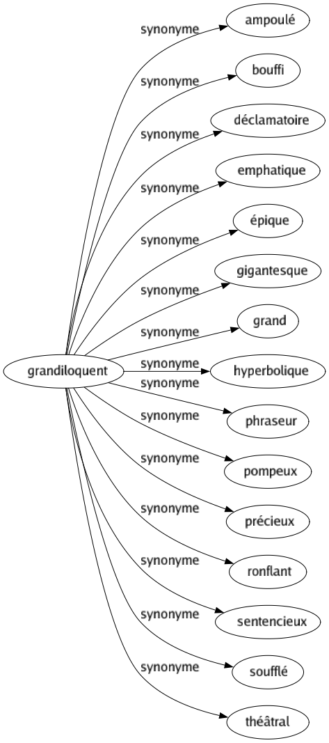 Synonyme de Grandiloquent : Ampoulé Bouffi Déclamatoire Emphatique Épique Gigantesque Grand Hyperbolique Phraseur Pompeux Précieux Ronflant Sentencieux Soufflé Théâtral 