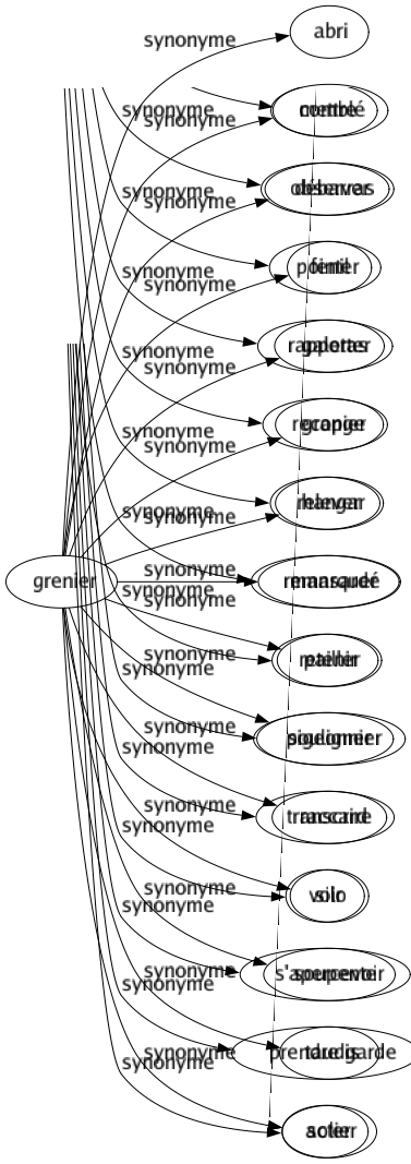 Synonyme de Grenier : Abri Comblé Débarras Fenil Galetas Grange Hangar Mansardé Pailler Pigeonnier Raccard Silo Soupente Taudis Solier 