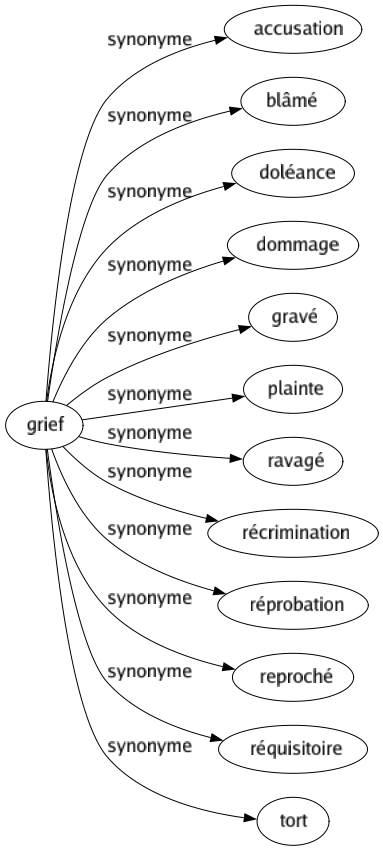 Synonyme de Grief : Accusation Blâmé Doléance Dommage Gravé Plainte Ravagé Récrimination Réprobation Reproché Réquisitoire Tort 