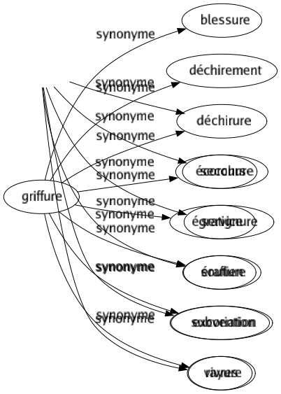 Synonyme de Griffure : Blessure Déchirement Déchirure Écorchure Égratignure Éraflure Excoriation Rayure 