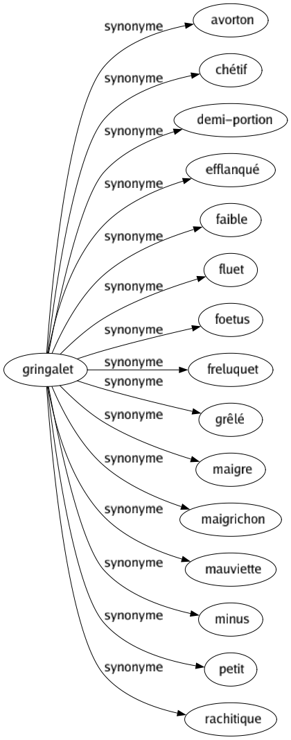 Synonyme de Gringalet : Avorton Chétif Demi-portion Efflanqué Faible Fluet Foetus Freluquet Grêlé Maigre Maigrichon Mauviette Minus Petit Rachitique 