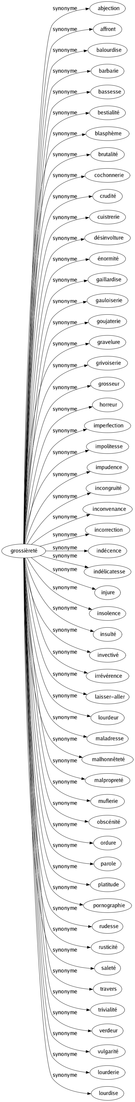 Synonyme de Grossièreté : Abjection Affront Balourdise Barbarie Bassesse Bestialité Blasphème Brutalité Cochonnerie Crudité Cuistrerie Désinvolture Énormité Gaillardise Gauloiserie Goujaterie Gravelure Grivoiserie Grosseur Horreur Imperfection Impolitesse Impudence Incongruité Inconvenance Incorrection Indécence Indélicatesse Injure Insolence Insulté Invectivé Irrévérence Laisser-aller Lourdeur Maladresse Malhonnêteté Malpropreté Muflerie Obscénité Ordure Parole Platitude Pornographie Rudesse Rusticité Saleté Travers Trivialité Verdeur Vulgarité Lourderie Lourdise 