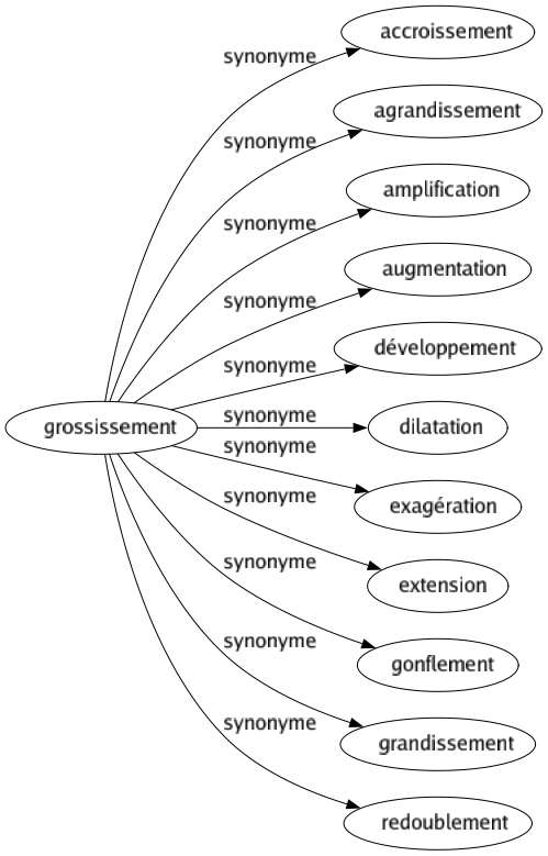 Synonyme de Grossissement : Accroissement Agrandissement Amplification Augmentation Développement Dilatation Exagération Extension Gonflement Grandissement Redoublement 