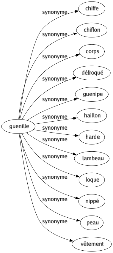 Synonyme de Guenille : Chiffe Chiffon Corps Défroqué Guenipe Haillon Harde Lambeau Loque Nippé Peau Vêtement 