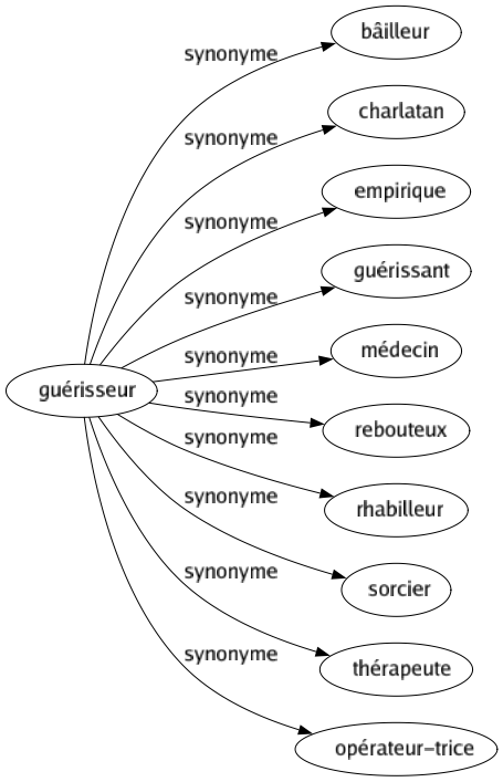 Synonyme de Guérisseur : Bâilleur Charlatan Empirique Guérissant Médecin Rebouteux Rhabilleur Sorcier Thérapeute Opérateur-trice 