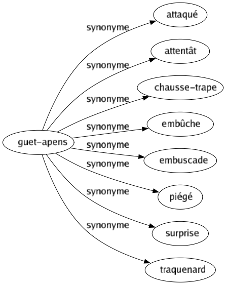 Synonyme de Guet-apens : Attaqué Attentât Chausse-trape Embûche Embuscade Piégé Surprise Traquenard 