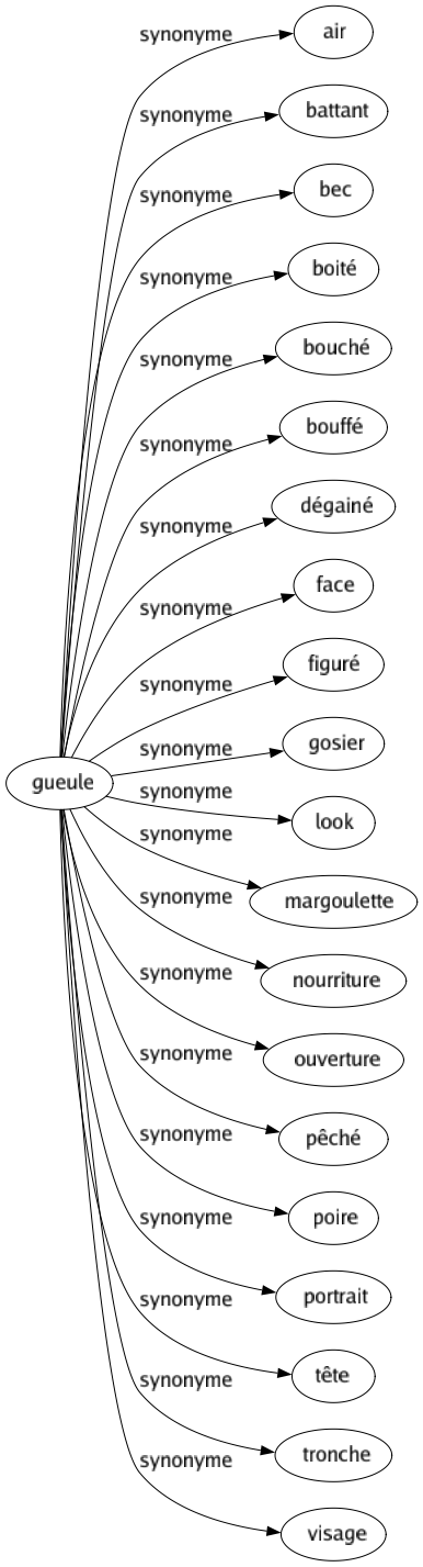 Synonyme de Gueule : Air Battant Bec Boité Bouché Bouffé Dégainé Face Figuré Gosier Look Margoulette Nourriture Ouverture Pêché Poire Portrait Tête Tronche Visage 
