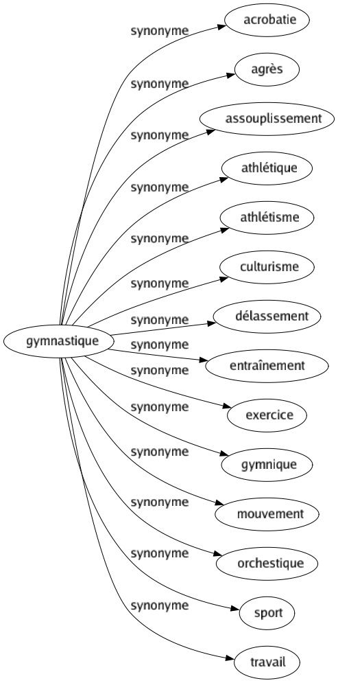 Synonyme de Gymnastique : Acrobatie Agrès Assouplissement Athlétique Athlétisme Culturisme Délassement Entraînement Exercice Gymnique Mouvement Orchestique Sport Travail 
