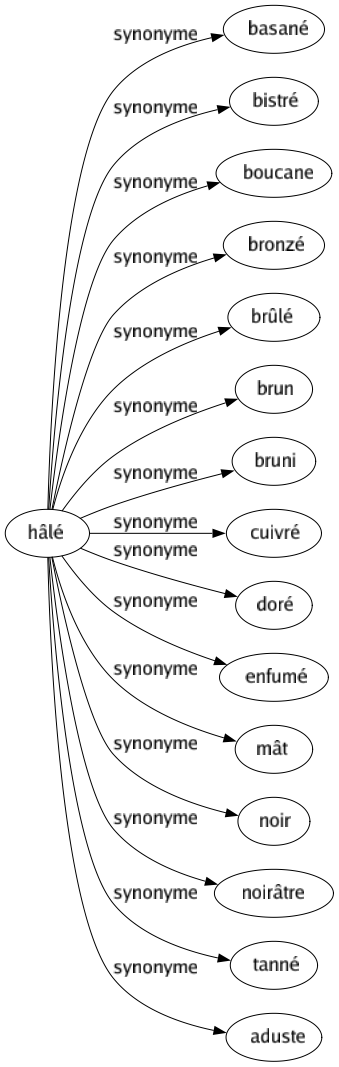 Synonyme de Hâlé : Basané Bistré Boucane Bronzé Brûlé Brun Bruni Cuivré Doré Enfumé Mât Noir Noirâtre Tanné Aduste 