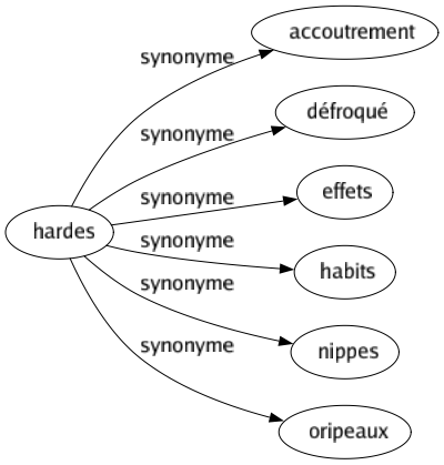 Synonyme de Hardes : Accoutrement Défroqué Effets Habits Nippes Oripeaux 