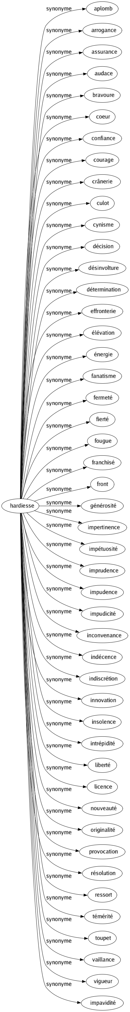 Synonyme de Hardiesse : Aplomb Arrogance Assurance Audace Bravoure Coeur Confiance Courage Crânerie Culot Cynisme Décision Désinvolture Détermination Effronterie Élévation Énergie Fanatisme Fermeté Fierté Fougue Franchisé Front Générosité Impertinence Impétuosité Imprudence Impudence Impudicité Inconvenance Indécence Indiscrétion Innovation Insolence Intrépidité Liberté Licence Nouveauté Originalité Provocation Résolution Ressort Témérité Toupet Vaillance Vigueur Impavidité 
