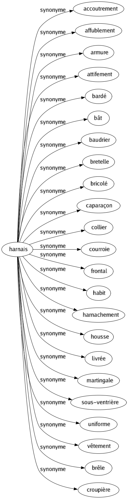 Synonyme de Harnais : Accoutrement Affublement Armure Attifement Bardé Bât Baudrier Bretelle Bricolé Caparaçon Collier Courroie Frontal Habit Harnachement Housse Livrée Martingale Sous-ventrière Uniforme Vêtement Brêle Croupière 