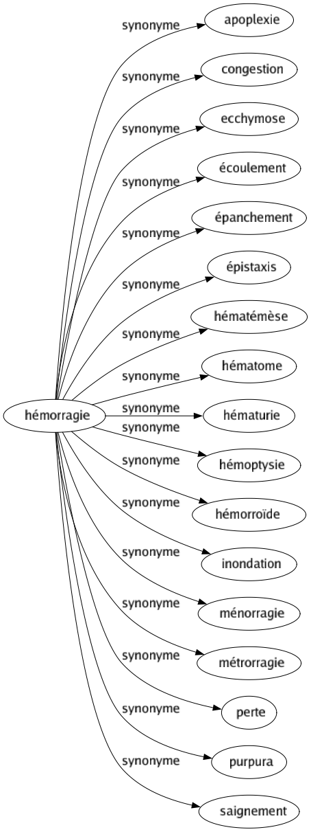 Synonyme de Hémorragie : Apoplexie Congestion Ecchymose Écoulement Épanchement Épistaxis Hématémèse Hématome Hématurie Hémoptysie Hémorroïde Inondation Ménorragie Métrorragie Perte Purpura Saignement 
