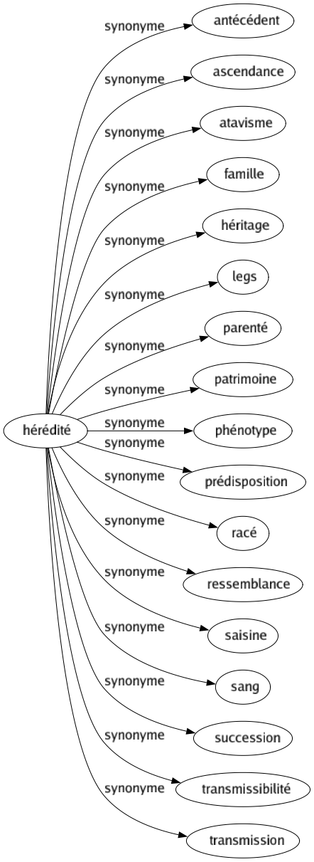 Synonyme de Hérédité : Antécédent Ascendance Atavisme Famille Héritage Legs Parenté Patrimoine Phénotype Prédisposition Racé Ressemblance Saisine Sang Succession Transmissibilité Transmission 
