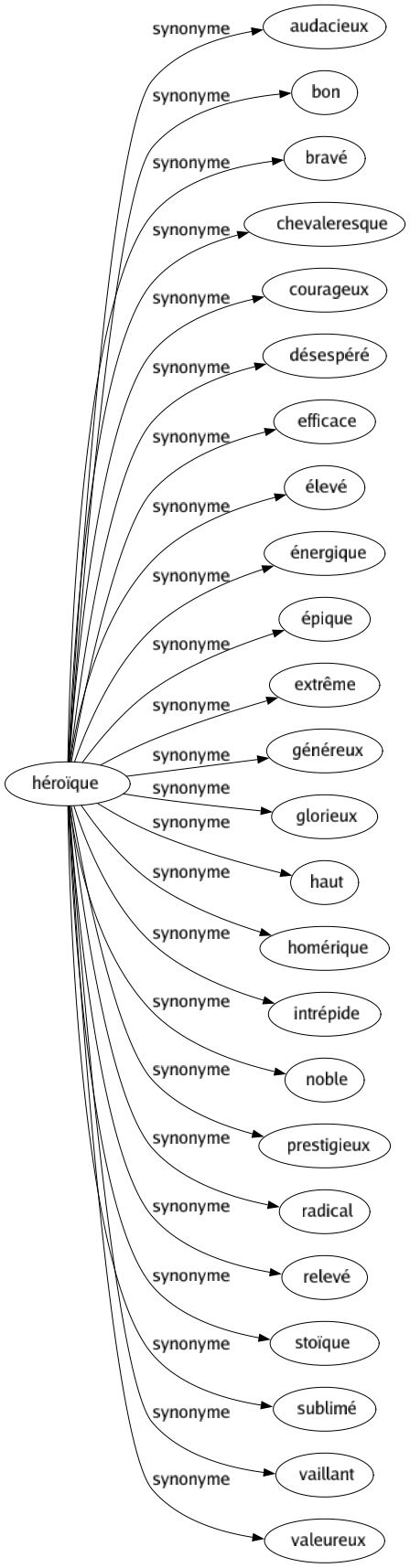Synonyme de Héroïque : Audacieux Bon Bravé Chevaleresque Courageux Désespéré Efficace Élevé Énergique Épique Extrême Généreux Glorieux Haut Homérique Intrépide Noble Prestigieux Radical Relevé Stoïque Sublimé Vaillant Valeureux 