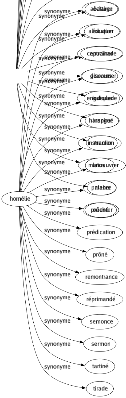 Synonyme de Homélie : Abattage Allocution Capucinade Discours Engueulade Harangué Instruction Laïus Palabre Prêché Prédication Prôné Remontrance Réprimandé Semonce Sermon Tartiné Tirade 