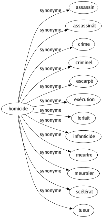Synonyme de Homicide : Assassin Assassinât Crime Criminel Escarpé Exécution Forfait Infanticide Meurtre Meurtrier Scélérat Tueur 