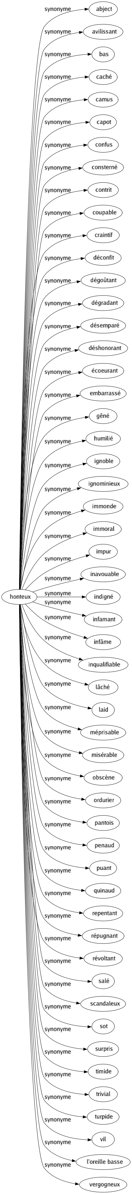Synonyme de Honteux : Abject Avilissant Bas Caché Camus Capot Confus Consterné Contrit Coupable Craintif Déconfit Dégoûtant Dégradant Désemparé Déshonorant Écoeurant Embarrassé Gêné Humilié Ignoble Ignominieux Immonde Immoral Impur Inavouable Indigné Infamant Infâme Inqualifiable Lâché Laid Méprisable Misérable Obscène Ordurier Pantois Penaud Puant Quinaud Repentant Répugnant Révoltant Salé Scandaleux Sot Surpris Timide Trivial Turpide Vil L'oreille basse Vergogneux 