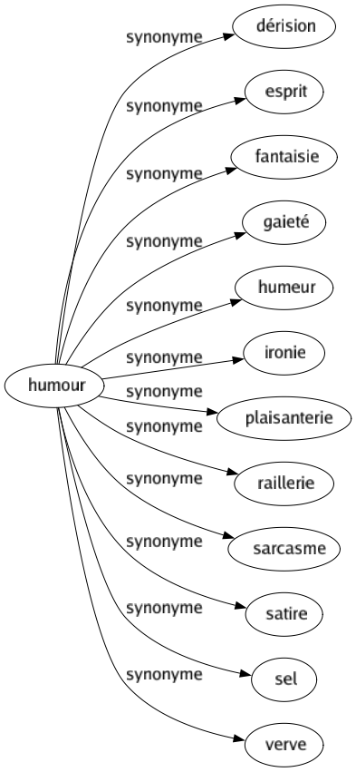 Synonyme de Humour : Dérision Esprit Fantaisie Gaieté Humeur Ironie Plaisanterie Raillerie Sarcasme Satire Sel Verve 