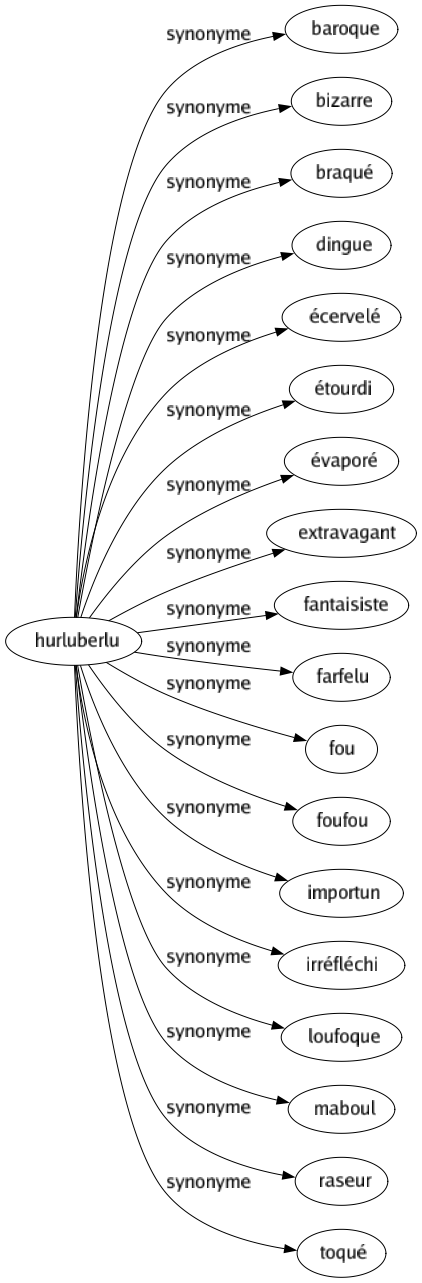 Synonyme de Hurluberlu : Baroque Bizarre Braqué Dingue Écervelé Étourdi Évaporé Extravagant Fantaisiste Farfelu Fou Foufou Importun Irréfléchi Loufoque Maboul Raseur Toqué 