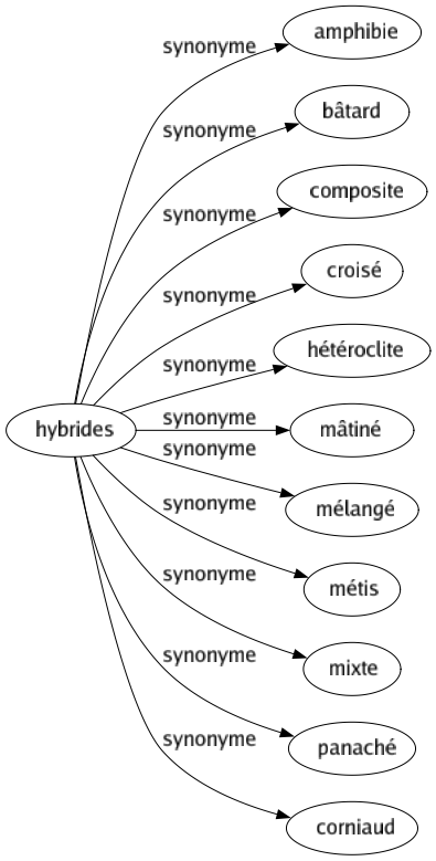 Synonyme de Hybrides : Amphibie Bâtard Composite Croisé Hétéroclite Mâtiné Mélangé Métis Mixte Panaché Corniaud 