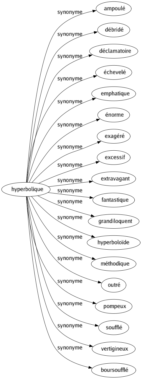 Synonyme de Hyperbolique : Ampoulé Débridé Déclamatoire Échevelé Emphatique Énorme Exagéré Excessif Extravagant Fantastique Grandiloquent Hyperboloïde Méthodique Outré Pompeux Soufflé Vertigineux Boursoufflé 