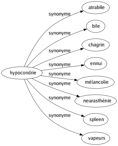 Synonyme de Hypocondrie : Atrabile Bile Chagrin Ennui Mélancolie Neurasthénie Spleen Vapeurs 
