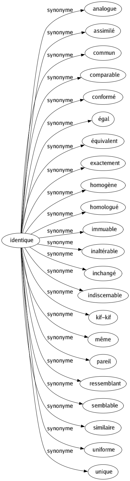 Synonyme de Identique : Analogue Assimilé Commun Comparable Conformé Égal Équivalent Exactement Homogène Homologué Immuable Inaltérable Inchangé Indiscernable Kif-kif Même Pareil Ressemblant Semblable Similaire Uniforme Unique 