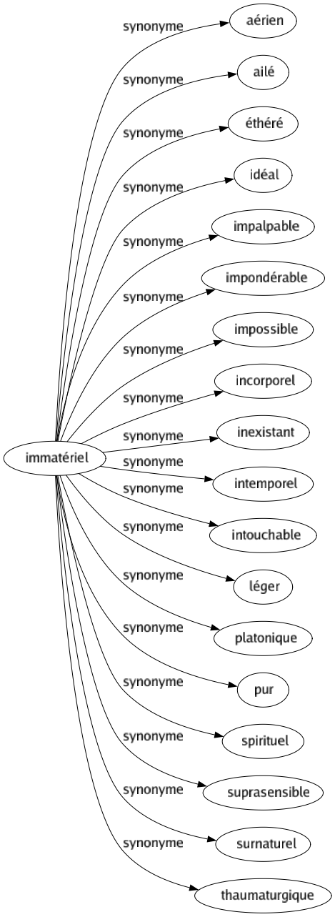 Synonyme de Immatériel : Aérien Ailé Éthéré Idéal Impalpable Impondérable Impossible Incorporel Inexistant Intemporel Intouchable Léger Platonique Pur Spirituel Suprasensible Surnaturel Thaumaturgique 