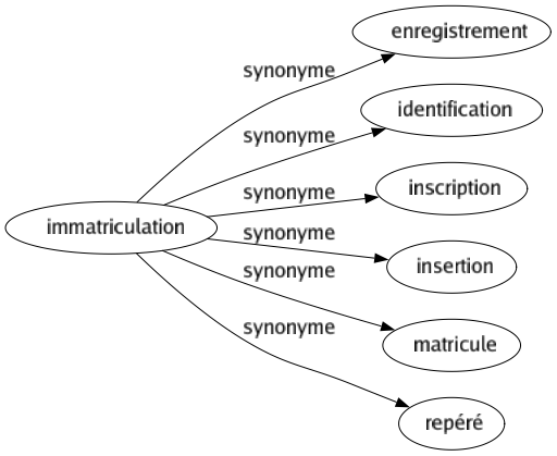 Synonyme de Immatriculation : Enregistrement Identification Inscription Insertion Matricule Repéré 