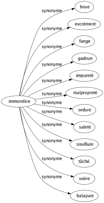 Synonyme de Immondice : Boue Excrément Fange Gadoue Impureté Malpropreté Ordure Saleté Souillure Tâché Voirie Balayure 