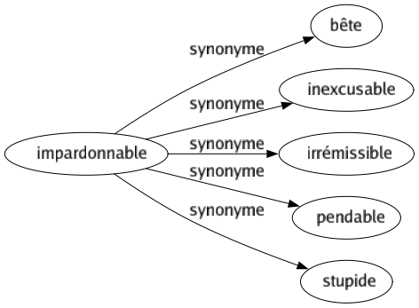 Synonyme de Impardonnable : Bête Inexcusable Irrémissible Pendable Stupide 