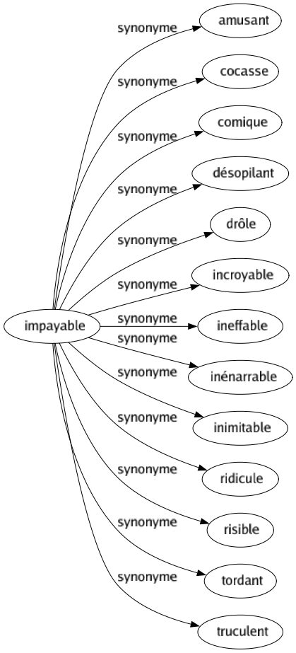 Synonyme de Impayable : Amusant Cocasse Comique Désopilant Drôle Incroyable Ineffable Inénarrable Inimitable Ridicule Risible Tordant Truculent 