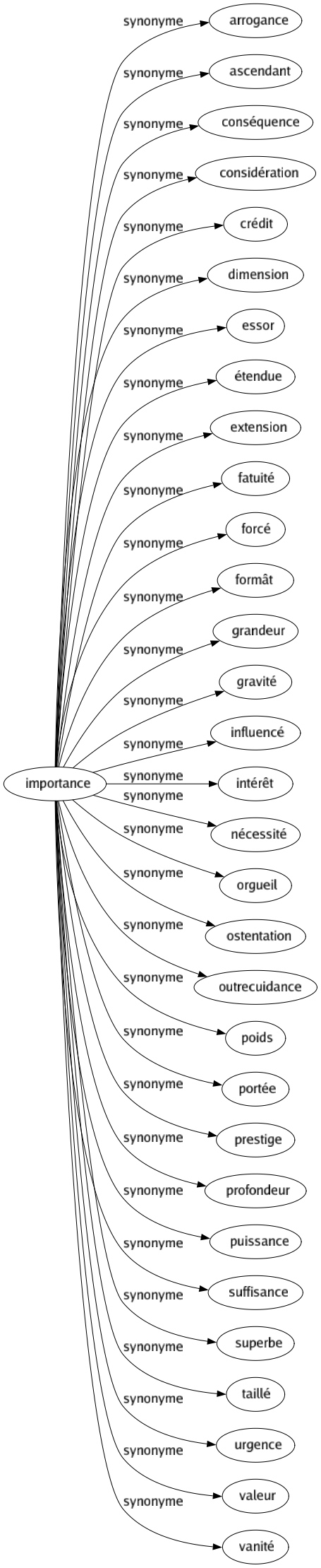 Synonyme de Importance : Arrogance Ascendant Conséquence Considération Crédit Dimension Essor Étendue Extension Fatuité Forcé Formât Grandeur Gravité Influencé Intérêt Nécessité Orgueil Ostentation Outrecuidance Poids Portée Prestige Profondeur Puissance Suffisance Superbe Taillé Urgence Valeur Vanité 