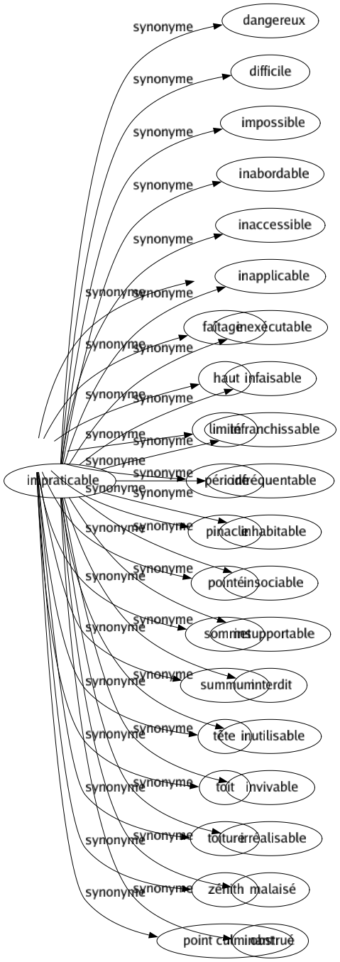 Synonyme de Impraticable : Dangereux Difficile Impossible Inabordable Inaccessible Inapplicable Inexécutable Infaisable Infranchissable Infréquentable Inhabitable Insociable Insupportable Interdit Inutilisable Invivable Irréalisable Malaisé Obstrué 