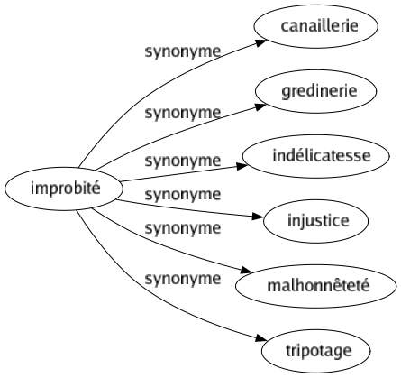 Synonyme de Improbité : Canaillerie Gredinerie Indélicatesse Injustice Malhonnêteté Tripotage 