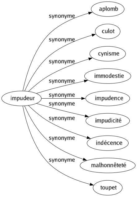 Synonyme de Impudeur : Aplomb Culot Cynisme Immodestie Impudence Impudicité Indécence Malhonnêteté Toupet 