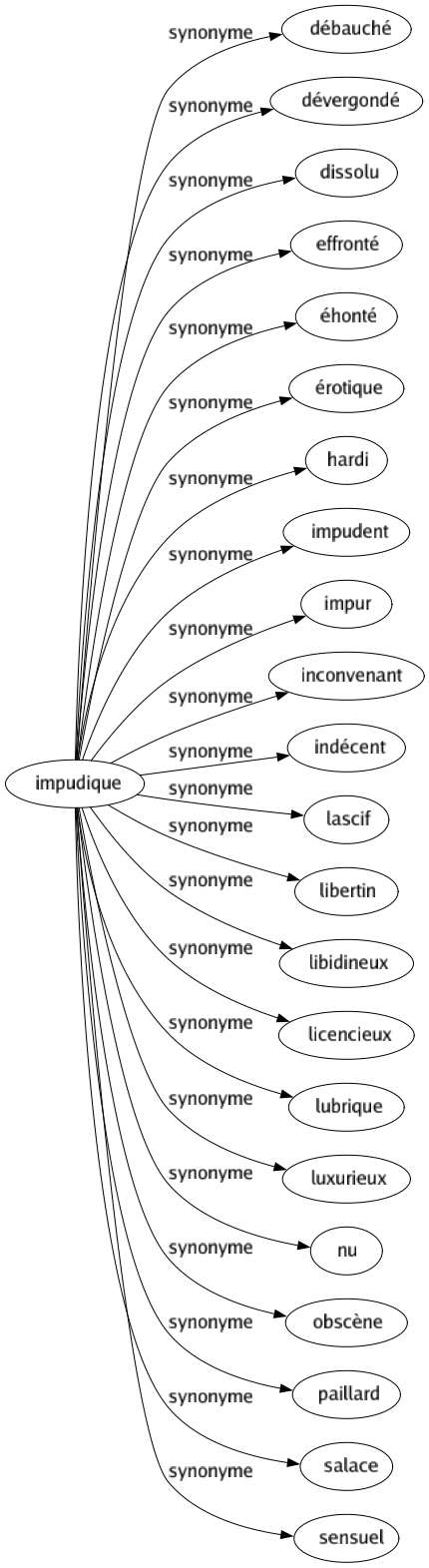 Synonyme de Impudique : Débauché Dévergondé Dissolu Effronté Éhonté Érotique Hardi Impudent Impur Inconvenant Indécent Lascif Libertin Libidineux Licencieux Lubrique Luxurieux Nu Obscène Paillard Salace Sensuel 