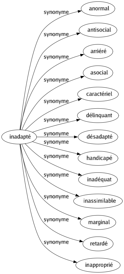 Synonyme de Inadapté : Anormal Antisocial Arriéré Asocial Caractériel Délinquant Désadapté Handicapé Inadéquat Inassimilable Marginal Retardé Inapproprié 