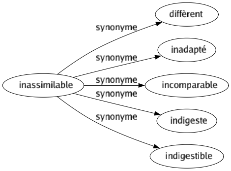 Synonyme de Inassimilable : Diffèrent Inadapté Incomparable Indigeste Indigestible 